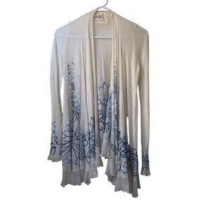 Angel of the North Cardigan XS‎ Open Linen Cream Blue Floral Ruffle Lightweight